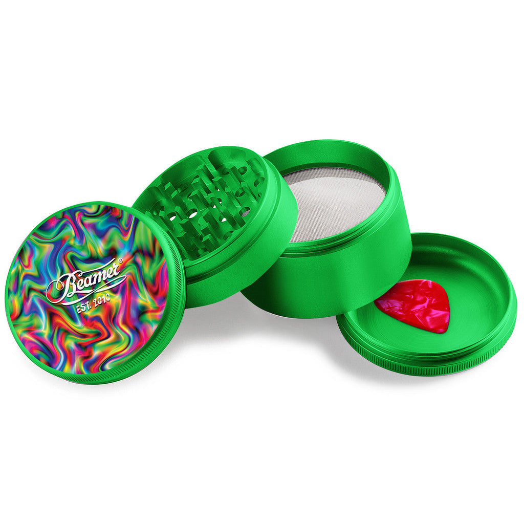 Grinder Beamer Psychedelic Haze Design Aircraft Grade Aluminum Extended Middle Chamber 4pcs 2.5" with Guitar Pick
