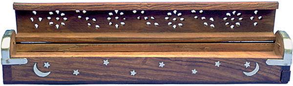 12" WOODEN COFFIN INCENSE BURNER W/ METAL END - MOON & STARS INLAY