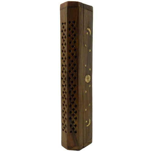WOODEN COFFIN BURNER - MOON & STARS INLAY