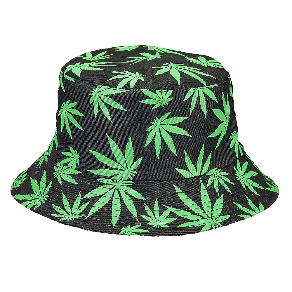 Bucket Hat Black Hat With Green Leaves