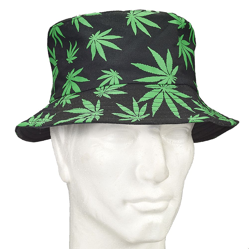 Bucket Hat Black Hat With Green Leaves